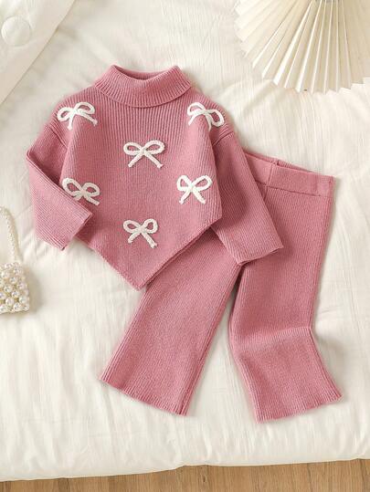 SHEIN 2pcs Baby Girls Casual Cute Pink Bow Embroidered Knitted Turtleneck Sweater + Wide Leg Knit Pants Set, Soft & Comfortable, Suitable For Daily, Outing, Travel, Holiday, Home, Nursery, Playtime, Autumn/Winter, Christmas, Back To School, Party, All-Match Autumn And Winter Two Piece Suit Baby Girl Warm Sets Baby Girl Long Sleeve Set Baby Two Piece Set Cozy Pixies Baby Girl Set Baby Set Autumn Winter Season Baby Girl Knitted Outfits Baby Girl Sweaters Set Pink Bow Baby Outfit