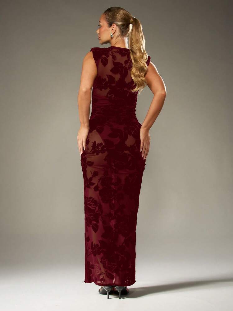 MISSGUIDED Elegant Sleeveless Mock Neck Maxi Dress With Velvet Rose Floral Pattern For Evening Party Events