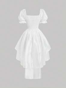 SHEIN MOD Của phụ nữ Hoa Dệt hoa Ống tay áo Bánh Nhiều lớp Ruffle Retro Đầm - trắng - Xem 2