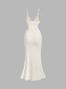 SHEIN MOD Women's Solid Color Lace Ruffled Fishtail Hem Elegant Spaghetti Strap Dress,Greek Goddess Dress,Formal Dress,Mermaid Skirt,Beige Women Dresses, Women Outfits, Giving Women Outfit,New Year Eve Dress - Apricot - View 2