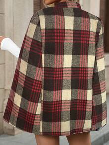 EMERY ROSE 女士格子披肩袖优雅宽松羊毛大衣，秋冬款 - 棕色 - 查看 2