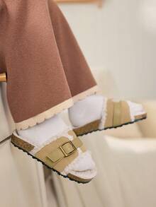 Autumn/Winter Fashion Versatile Casual Cute Funny Fleece Warm Anti-Slip Pastoral Retro Infant Flat Sandals For Toddler Girls - Apricot - View 2