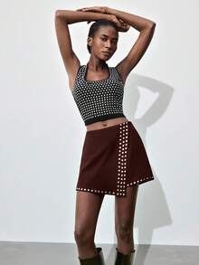 Maija 女士纯色铆钉不对称休闲短裙，都市通勤商务休闲风，优雅办公室着装，适合圣诞节、新年派对和聚会，棕色短裙 - 鏽棕色 - 查看 6