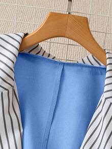 GlowEve CURVE Plus Size Women Striped Patchwork Button Long Sleeve Casual Blazer Jacket, Suitable For Commuting Graduation,Back To School,Teacher Outfits For Women Winter Fall Autumn - Blue - View 4