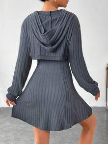 SHEIN EZwear 女士纯色长袖连帽上衣（前短后长下摆）和无袖连衣裙休闲两件套 - 灰色 - 查看 2