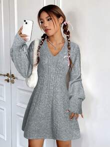 SHEIN EZwear 秋冬季绞花针织灯笼袖毛衣连衣裙 - 灰色 - 查看 4