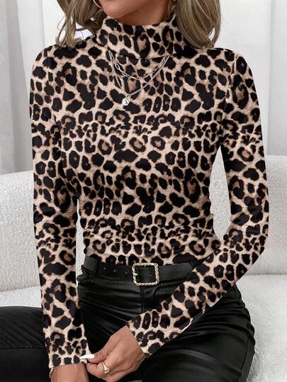 SHEIN Clasi 休闲简约高领长袖性感豹纹针织女式打底T恤，百搭款式，适合秋冬季穿着