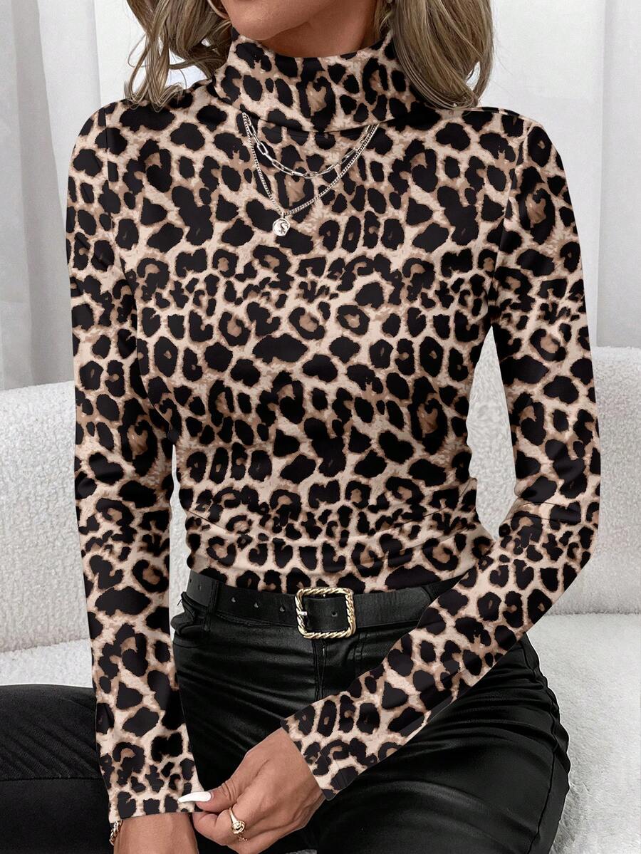 SHEIN Clasi 休闲简约高领长袖性感豹纹针织女式打底T恤，百搭款式，适合秋冬季穿着 - 彩色 - 查看 1