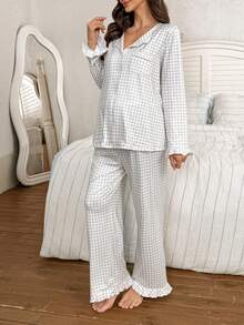 Moonlight&Mama Conjunto de pijama de 2 piezas con pantalón y blusa de manga larga con bolsillo en el pecho, estampado a cuadros, para maternidad, para invierno - Multicolor - Ver 4