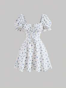 SHEIN MOD Ditsy Floral Print Tie Front Puff Sleeve Blue And White Breast Cup Pleated Short Dress - Blue - View 1