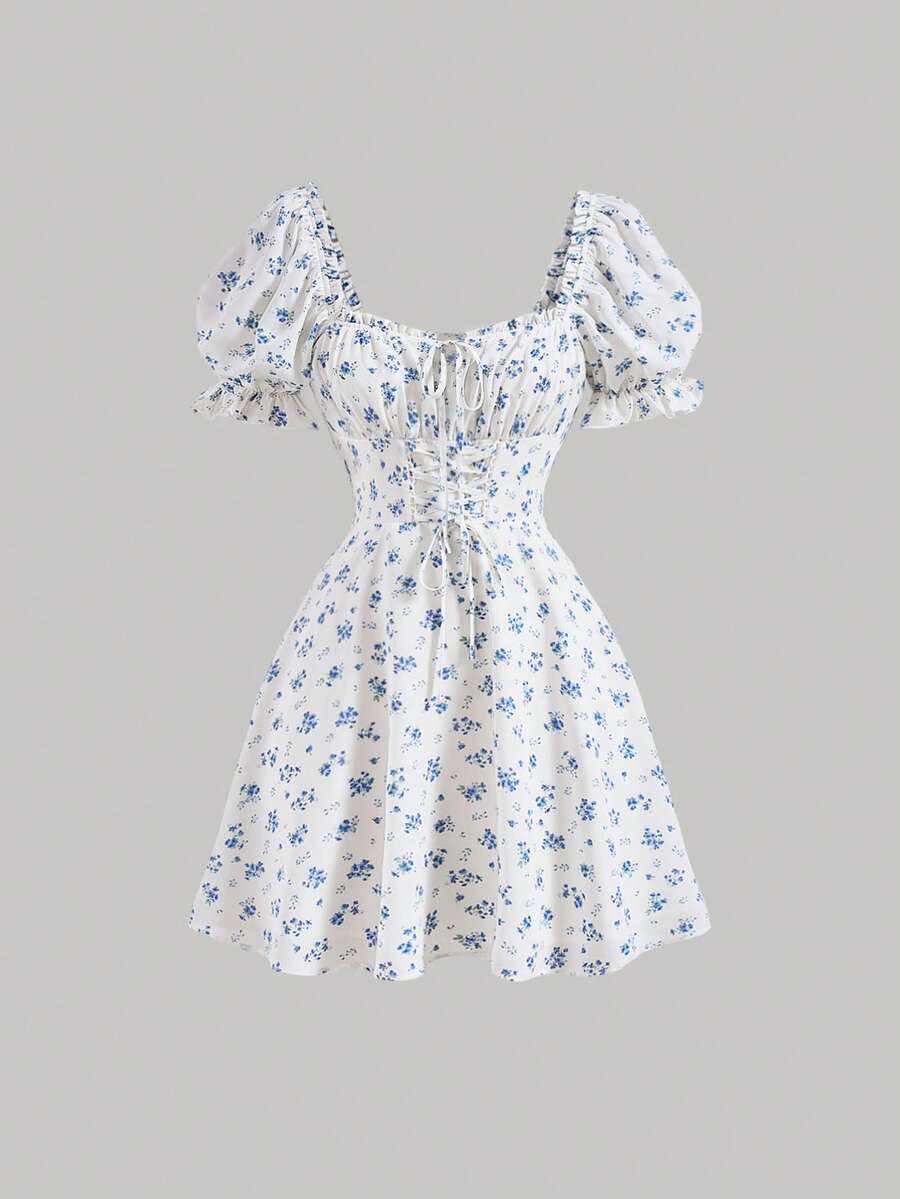 SHEIN MOD Ditsy Floral Print Tie Front Puff Sleeve Blue And White Breast Cup Pleated Short Dress - Blue - View 1