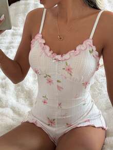 SHEIN Pijama de body con recortes de encaje, volantes y parches para mujer - Rosa Pálido - Ver 7