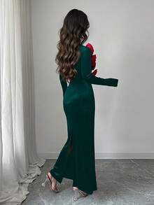 Rafferiza Vestido largo de mujer de cuello redondo, cintura ceñida y terciopelo con flores 3D para otoño/invierno, elegante para fiestas y eventos de Navidad - Verde Oscuro - Ver 2
