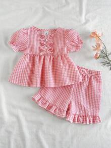 Vintaside Kids Bộ 2 áo sơ mi kẻ caro màu hồng cổ tròn tay bồng trang trí nơ và quần short kẻ caro viền bèo nhún cho bé gái, thích hợp mặc hàng ngày, đi chơi và chụp ảnh, mùa xuân/hè - Hồng - Xem 4