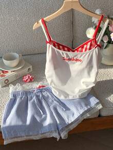 Comfortcana Women's Letter Print Camisole, Plaid Bra, And Striped Shorts Casual Outfit Set Gingham Set Summer Clothes Set - Multicolor - View 4