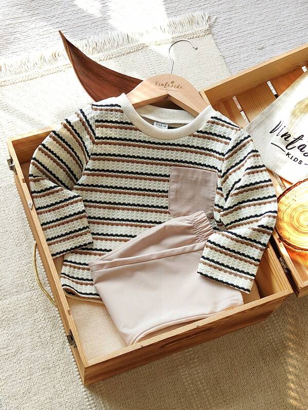SHEIN Baby Boy Striped Waffle Knit Crew Neck Long Sleeve Top And Light Khaki Pants Set, Minimalist Style And Neat Silhouette Suitable For Outings, Casual Wear