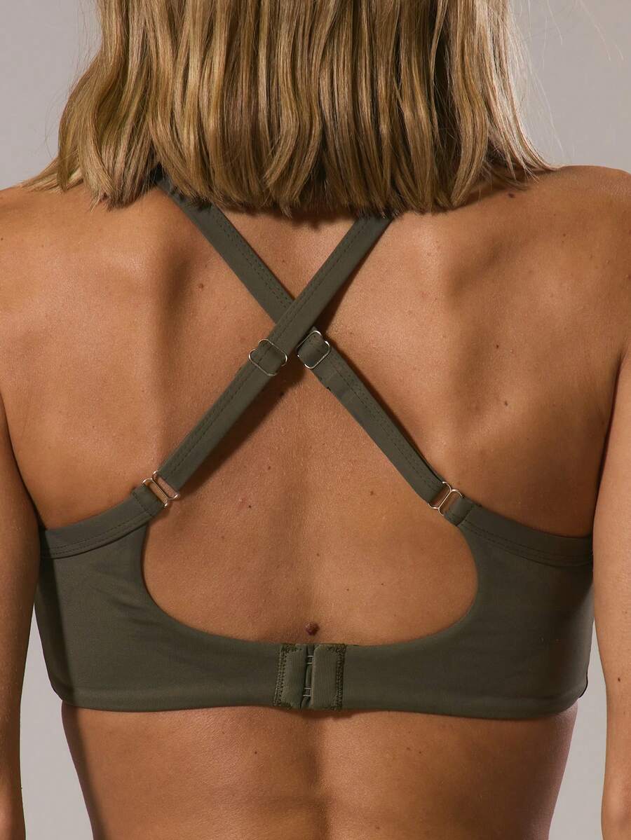 Musera Sport 运动连帽交叉绑带后背修身运动文胸，适合冬季、夏季运动、健身房、休闲、板式网球等运动。 - 軍綠色 - 查看 1