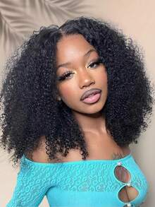 9AM HAIR STORE 无留发 V 型分缝带弹性抽绳保护型非裔卷发无胶假发，180% 密度，14-16 英寸波波头，18-30 英寸长发，自然黑色，外观自然，适合初学者，快速发货，编织无胶情人节真人发无蕾丝假发，自然无胶假发，适合浪漫约会，女士适用 - S1 - 查看 2