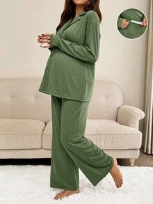 SHEIN 两件套孕妇纯色上衣和裤子家居服套装 - 軍綠色 - 查看 7