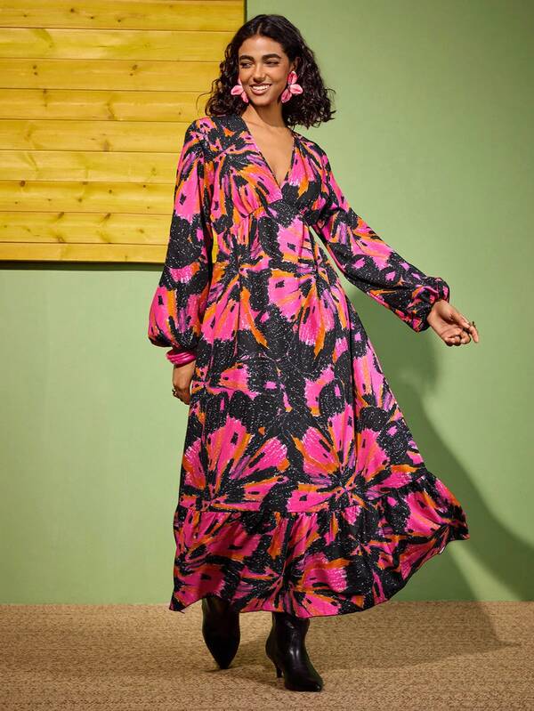 Felipe Marques 女士印花黑粉色花朵装饰裹胸收腰泡泡袖宽松连衣裙，适合派对、度假、休闲、性感、优雅的秋冬长裙