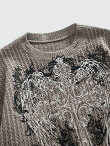 ROMWE MEN Anime 男士破洞十字印花圆领长袖针织衫 - 深灰色 - 查看 3