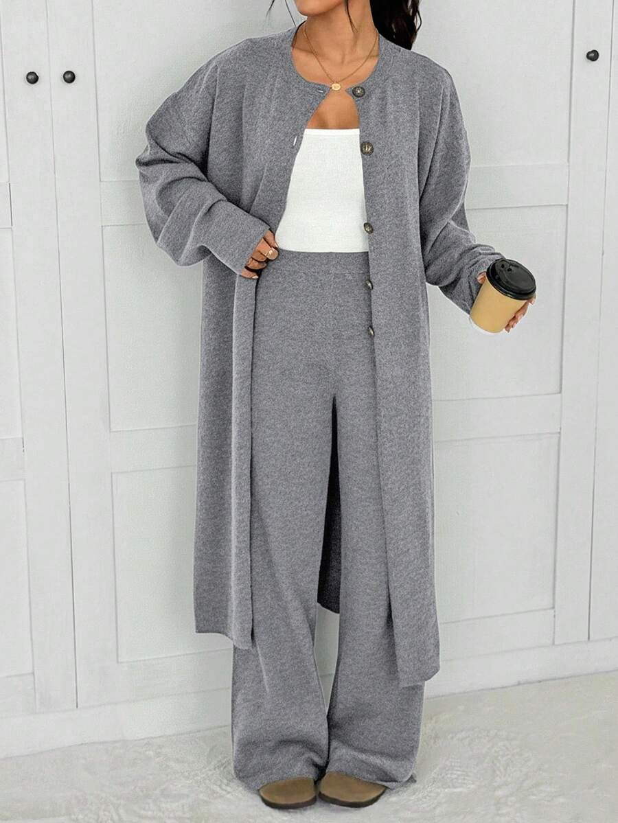 SHEIN EZwear Áo khoác cardigan dệt kim dài tay đơn hàng khuy đơn, dáng rộng, màu trơn, dáng rộng, dáng rộng, dáng dài thường ngày cho nữ, mùa thu/đông - Xám - Xem 1