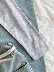 SHEIN 少女高领纯色长袖T恤，百搭基础款打底衫 - 灰色 - 查看 3