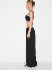 KIZN 阔腿宽松版型抽绳腰带阔腿裤，休闲运动裤，适合日常穿着和居家休闲。 - 黑色 - 查看 5