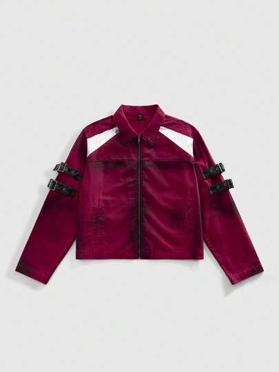 ROMWE MEN Grunge Punk Chaqueta de mezclilla vintage desgastada para hombre, otoño