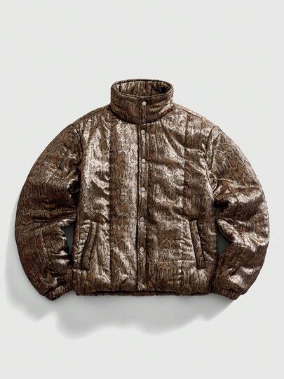 Street Life Men's Drop Shoulder Long Sleeve Fashionable Warm Snake Skin Pattern Mandarin Collar Padded Coat, Winter