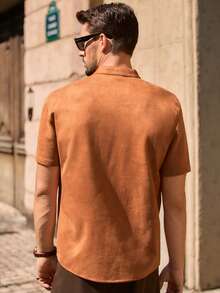 Mainfolk Men's Minimalist Solid Color Single-Breasted Short Sleeve Shirt - Khaki - View 4