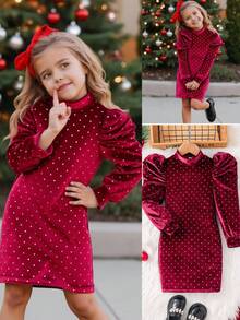 SHEIN Young Girl Christmas Velvet Sequin Glitter Effect Tight Knit Long Sleeve Dress,Burgundy,Autumn,Christening,Ruched Elegant Dress For Ball Party - Burgundy - View 10