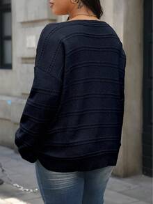 SHEIN CURVE+ 大码女式套头毛衣，宽松圆领针织衫，休闲舒适风格，适合秋冬季、万圣节、圣诞节、返校季穿着。 - 寶藍色 - 查看 2