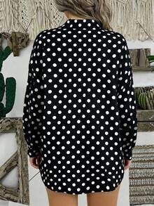Breezaya 大码女式黑色波点印花宽松休闲舒适长袖衬衫，适合日常穿着、度假、节日、派对等场合。 - 黑色 - 查看 2