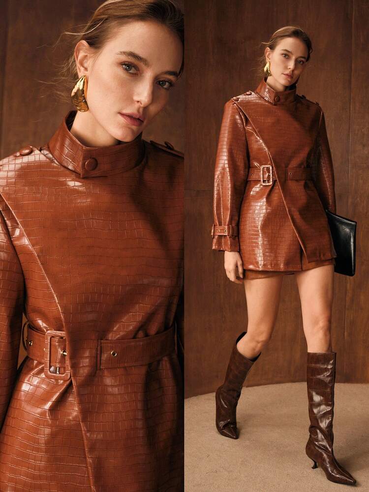 WOMEN'S ASYMMETRICAL COLLAR TEXTURED PU LEATHER CROCODILE PATTERN BUCKLE BELTED TRENCH COAT, SUITABLE FOR COMMUTING