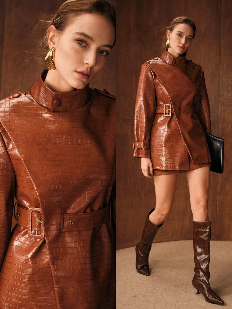 MOTF PREMIUM 女士不对称领口纹理PU鳄鱼纹搭扣腰带风衣，适合通勤 - 棕色 - 查看 1