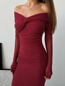 Aloruh Váy hẹn hò lãng mạn trễ vai phối lưới, thắt nút xoắn, chi tiết nhún bèo, tay dài - Màu Đỏ Sâu - Xem 4