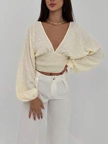 Aloruh Women's Elegant Alluring Deep Shirred Cinched Waist Pullover Long Sleeve Lantern Cuff Blouse - Beige - View 3