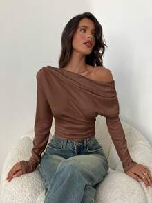 Aloruh Áo thun nữ dáng rộng bất đối xứng, áo thun trơn màu thắt nút xoắn, mặc đi làm hàng ngày và mặc ở nhà, áo thun dệt kim dài tay họa tiết lưới hoa - màu nâu - Xem 6