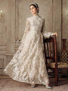 Anewsta 女士新款优雅喇叭长袖刺绣连衣裙，杏色/香槟色，适合派对、生日、情人节等场合 - 杏色 - 查看 3