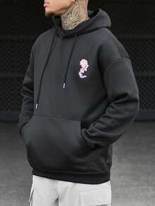 Devon Thys 男士休闲街头鲤鱼与莲花印花口袋抽绳连帽衫，保暖内衬，秋冬 - 黑色 - 查看 6