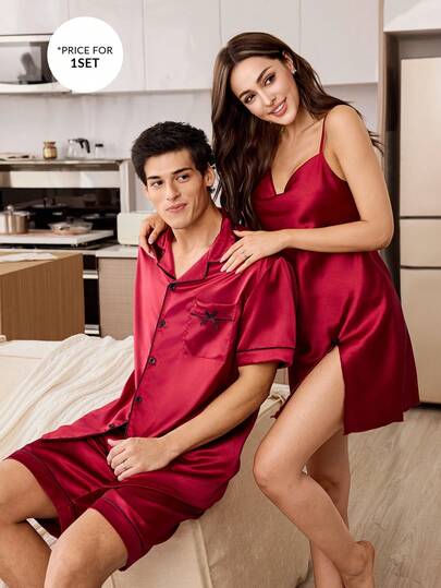 CoupledUp 1套男士纯色翻领短袖短裤仿丝口袋领结睡衣套装