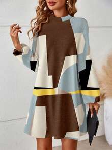 SHEIN Clasi Đầm chữ A tay dài cổ tròn tay bồng nhiều chi tiết xếp ly cỡ chuẩn dành cho nữ - Nhiều màu - Xem 1