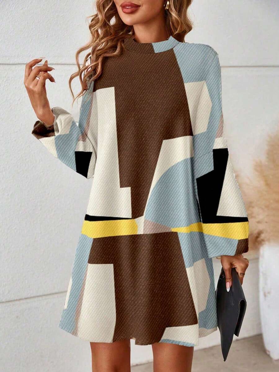 SHEIN Clasi Đầm chữ A tay dài cổ tròn tay bồng nhiều chi tiết xếp ly cỡ chuẩn dành cho nữ - Nhiều màu - Xem 1