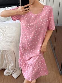SHEIN Women's Romantic & Fresh Star & Heart Print Loose Knit Ruffle Hem Long Nightgown - Pink - View 4