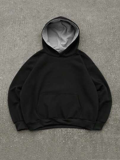 Manfinity EMRG Men's Solid Color Long Sleeve Pocket Design Casual Hoodie, Autumn/Winter Plain Heavyweight Hoodie