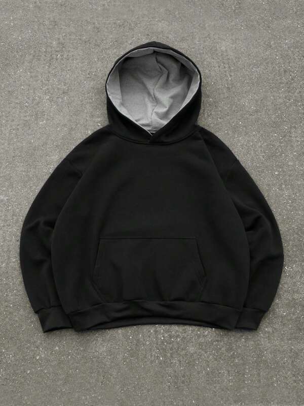 Manfinity EMRG Men's Solid Color Long Sleeve Pocket Design Casual Hoodie, Autumn/Winter Plain Heavyweight Hoodie