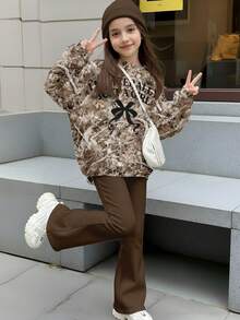 Tween Girls Knit Crew Neck Letter Graphic Loose Sweatshirt And Flare Leg Pants 2 Pieces Set, Classic Bow Print, Classic Fallen Leaves Print - Multicolor - View 1