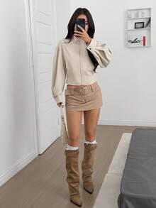 SHEIN EZwear 女士休闲纯色风衣 - 杏色 - 查看 6