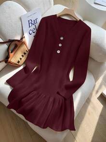 Franclia 新款秋冬法式束腰鱼尾针织连衣裙 - 酒紅色 - 查看 1